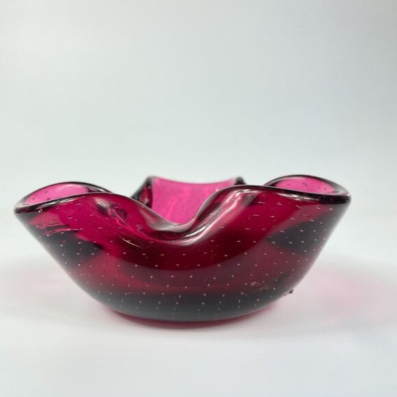 Cranberry Bullicante Art Glass Ashtray Bowl - Picture 5 of 10